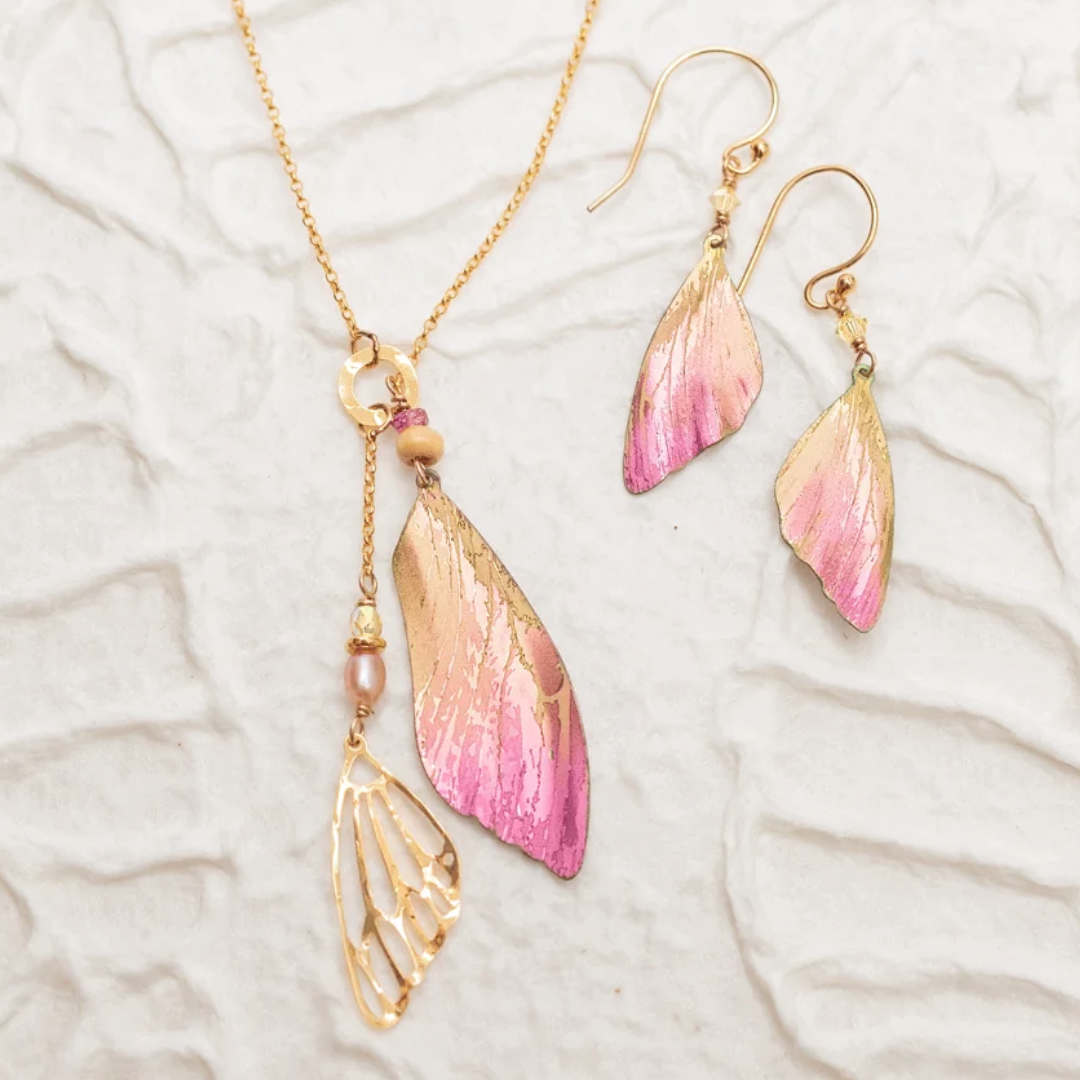 Holly Yashi Special Edition Flutterby Earrings and Necklace Set - Niobium and Gold Filled - Pink