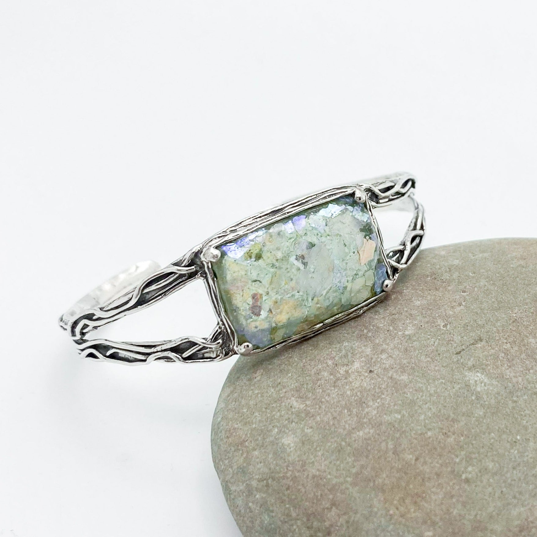 Rectangular Roman Glass on double-band 925 Sterling Silver cuff with vined detailing