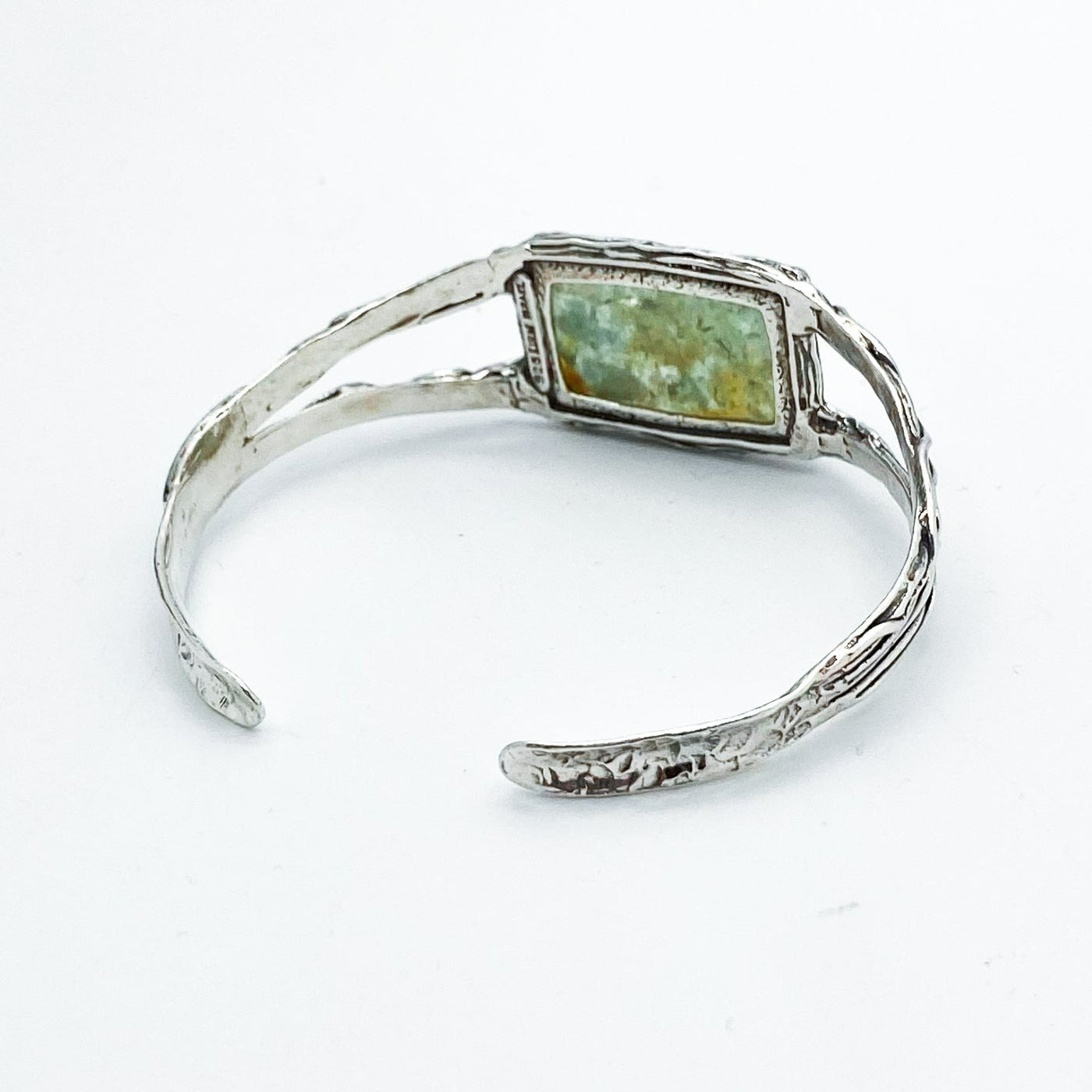 Back View of Rectangular Roman Glass on double-band 925 Sterling Silver cuff with vined detailing