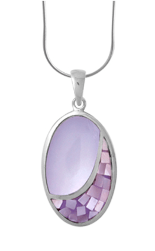 Dyed purple Mother of Pearl separated by a mosaic purple Mother of Pearl inlaid in a sterling silver ovular pendant with silver bail.