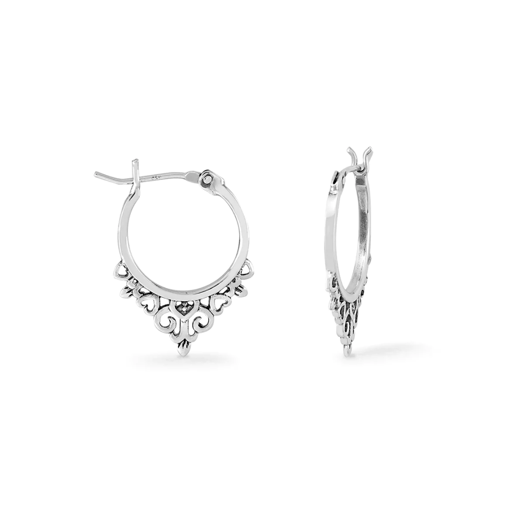 Snap top hoop with filigreed hearts border on the bottom. Seen on white background from both front and side view.