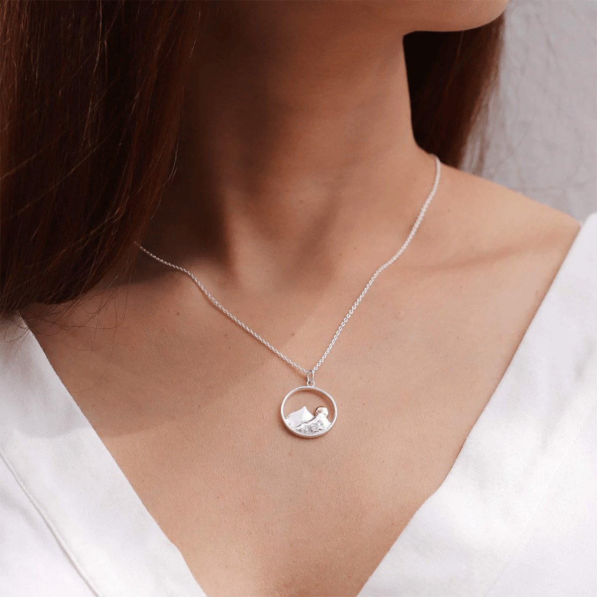 boma Adirondack Vibe Mountain Sunset Necklace. Gold filled moon on a sterling silver image. 18 inch silver chain included. - Silver Parrot, Inc.