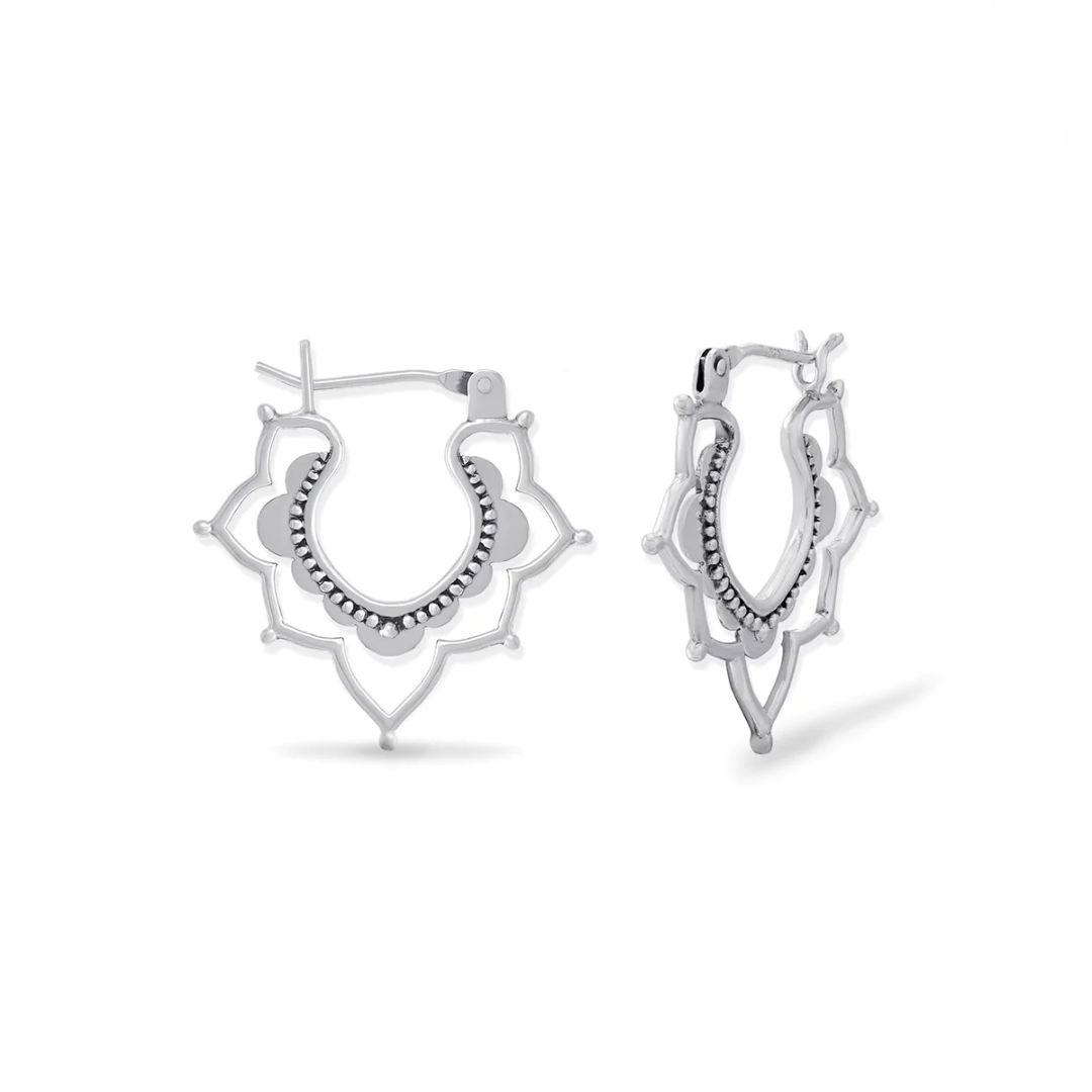 Snap top lotus-shaped silver hoop on white background. Shows both front and side view.
