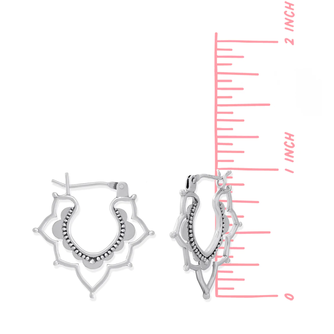 Snap top lotus-shaped silver hoop on white background. Shows both front and side view. Measures 1 inch long.