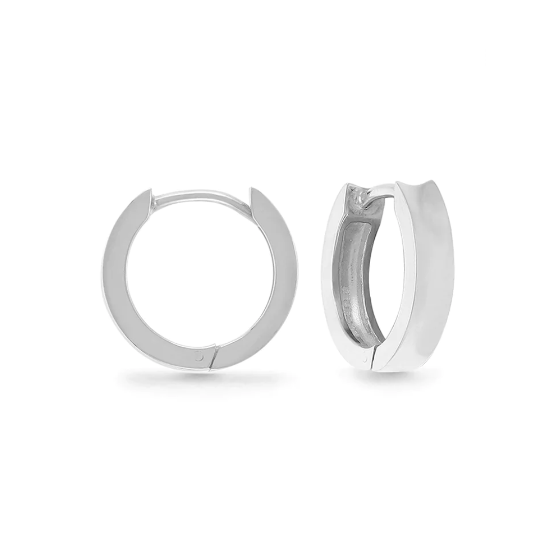 Made by boma. Snaptop Huggies in sterling silver. .5inch Sterling hoops. Seen on white background in both front and side view.