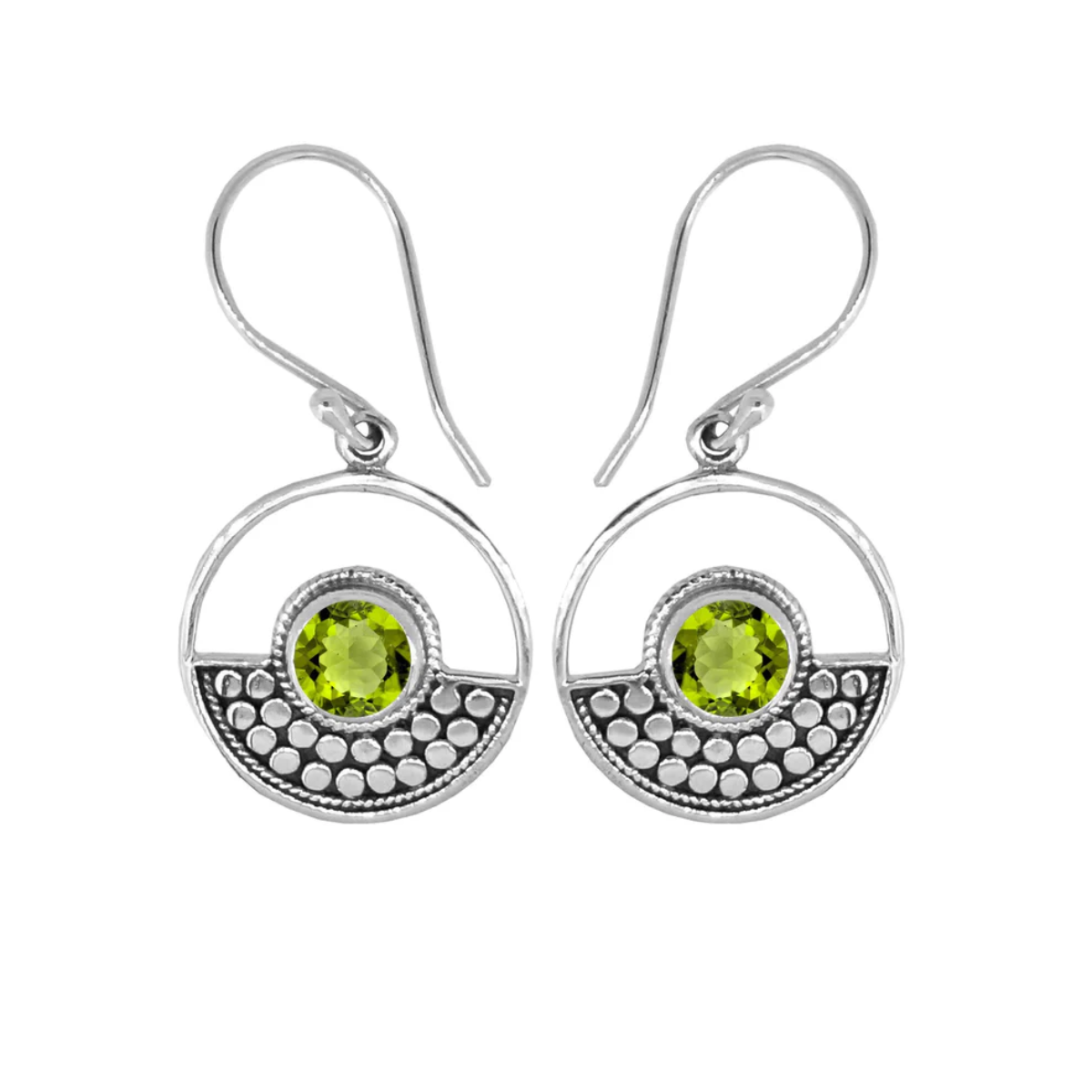 Sterling Silver design in a circle surrounds a circular peridot stone on ear wires. Half of the circle is dotted with an oxidized sterling design, the other half is open. On a plain white background.