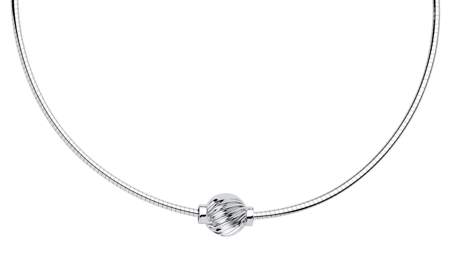 Sterling silver Cape Cod necklace on an 18-inch silver omega chain. There is a small singular silver swirl-patterned bead that can slide up and down the snake chain.