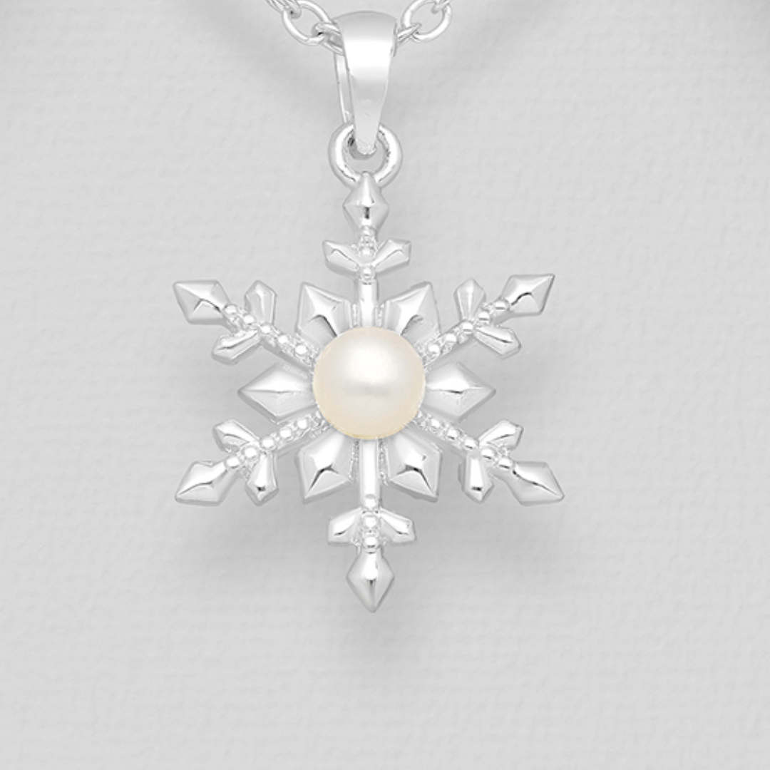 Sterling Silver Snowflake Pendant With Pearl