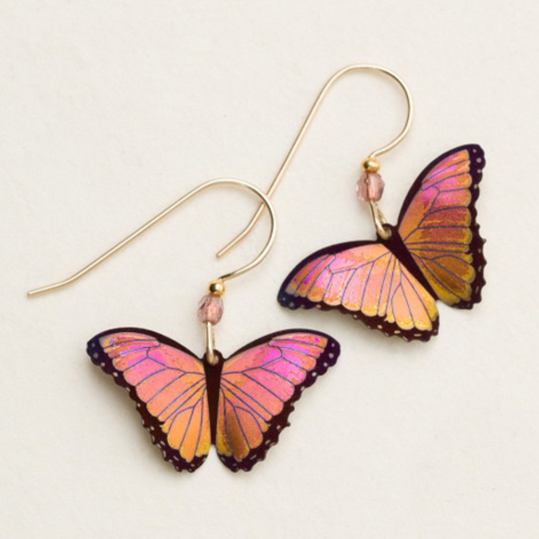 Holly Yashi Bella Butterfly - Realistic image of a butterfly with pink and orange gradient wings and a black outline. On a gold french wire with a peach colored bead