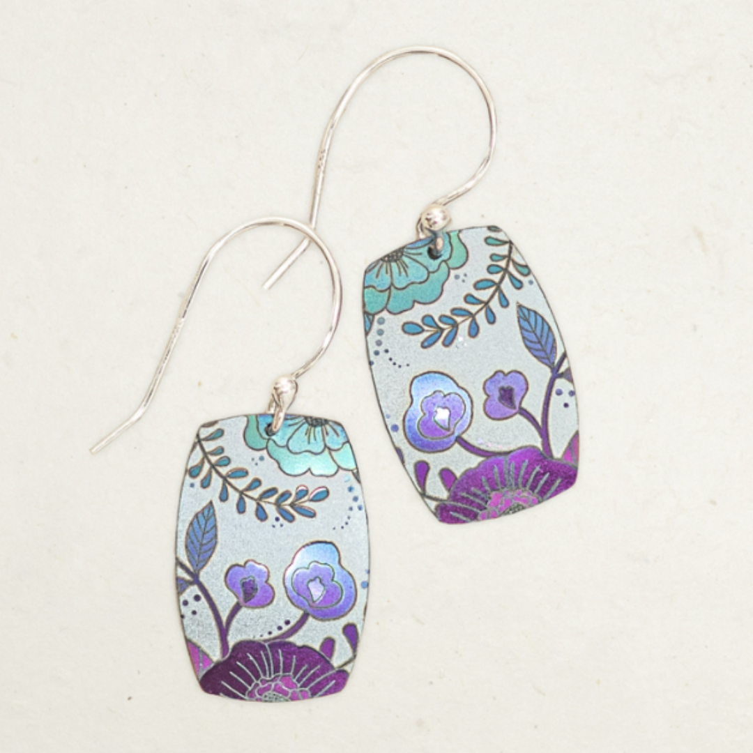 Holly Yashi Forever Fleur Earrings - rounded rectangular shaped niobium - silver background with blue and purple colored floral pattern on silver fish-hook earwires.