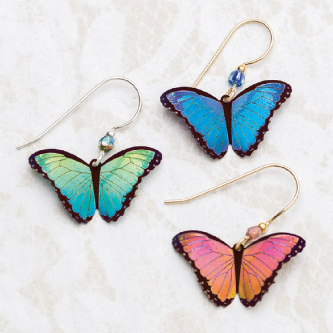 Holly Yashi Bella Butterfly Earrings - Three different colored earrings, one navy blue, one teal, and one peach. 