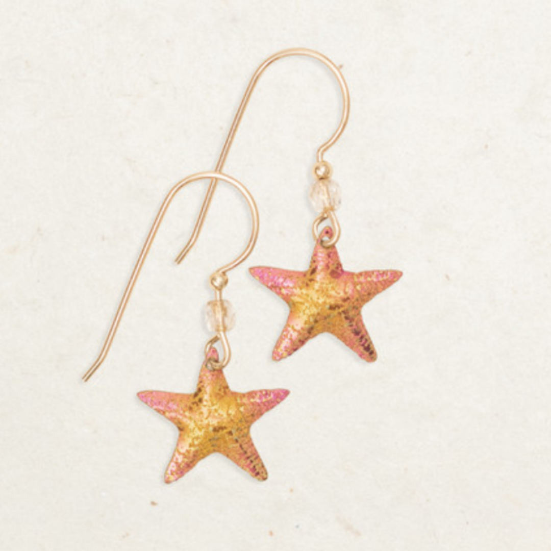 Holly Yashi Carmel Earrings - Pink tipped ombre into orange center starfish shaped niobium on clear beaded gold overlaid earwires