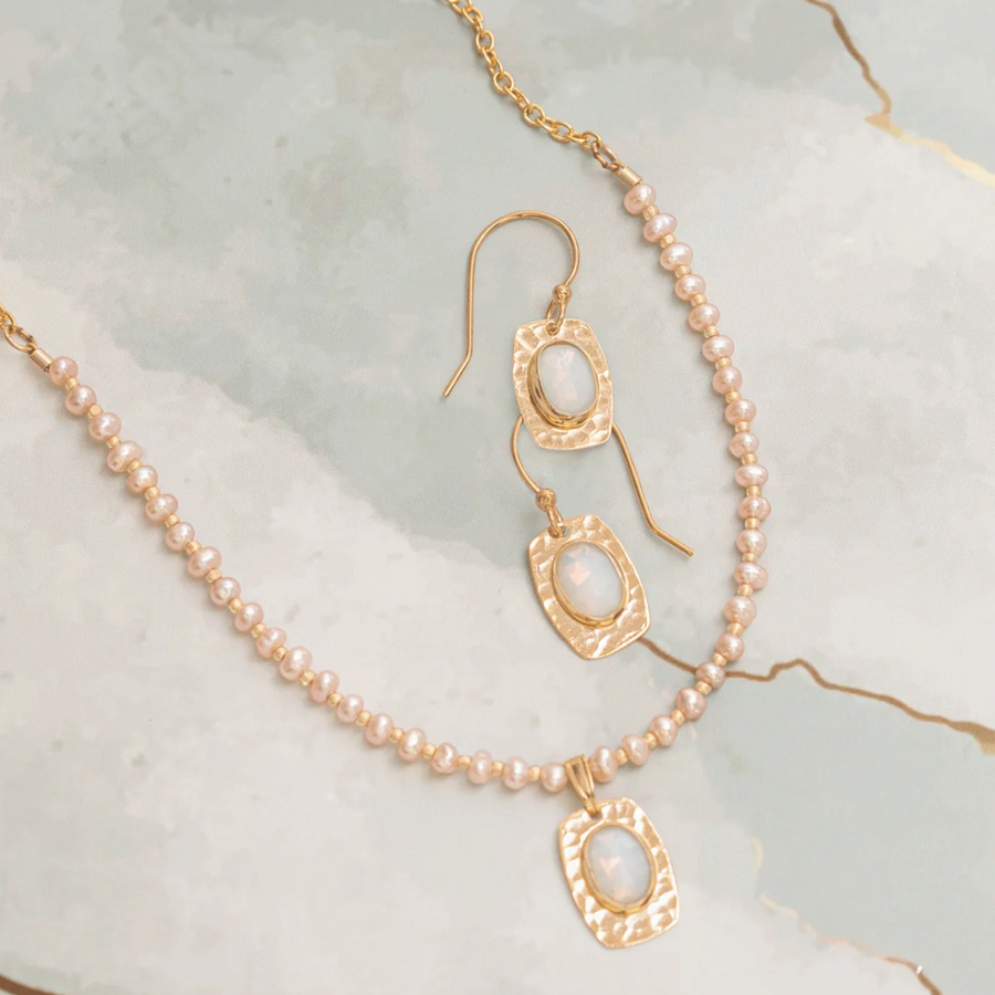Holly Yashi Adelaide Necklace - Color Gold/Blush - 18k gold-plated and niobium with petite freshwater pearls and pendant along side matching earrings