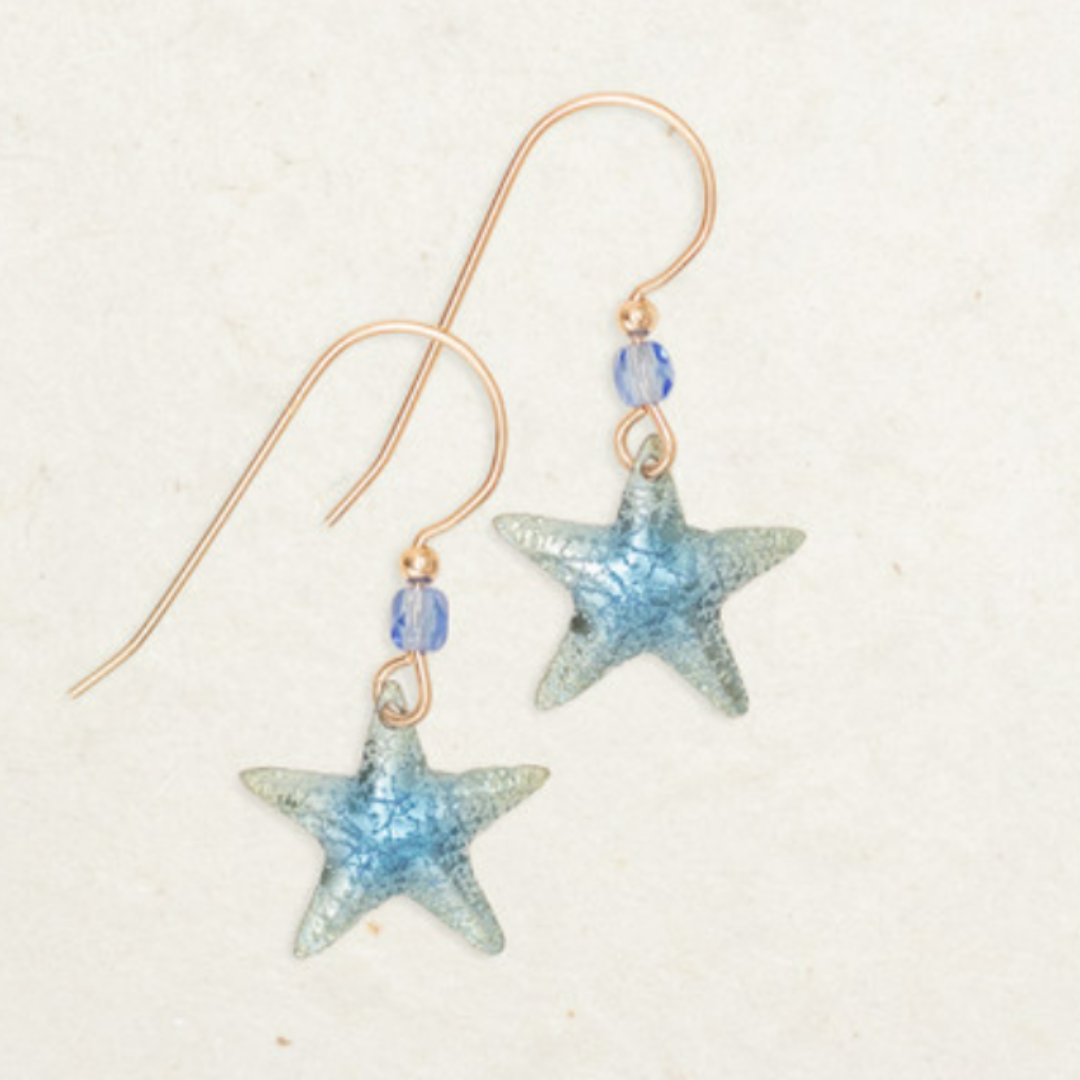 Holly Yashi Carmel Earrings - seafoam green tipped ombre into blue center starfish shaped niobium on translucent blue beaded gold overlaid earwires