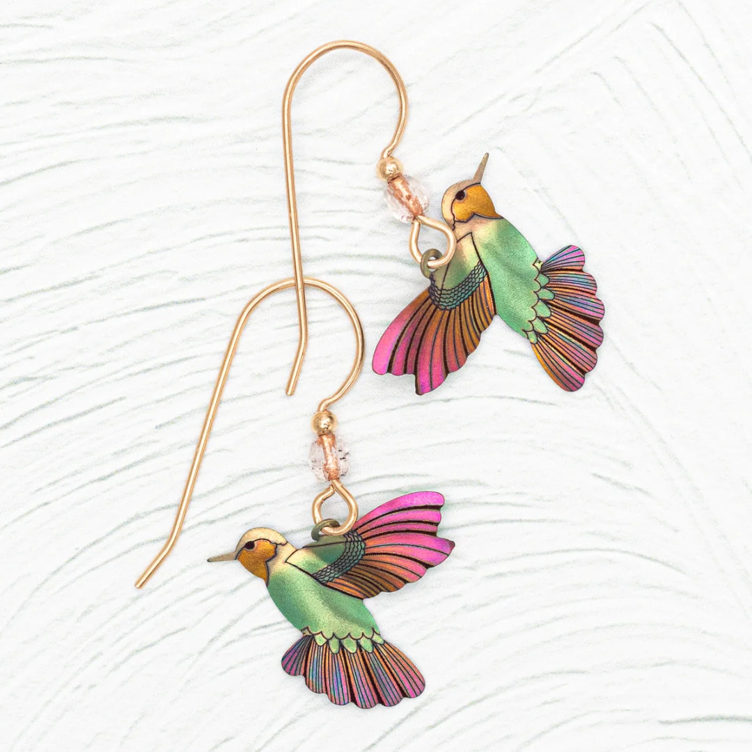 Holly Yashi Picaflor Hummingbird Dangles made out of Niobium. Color is Living Coral with gold-filled earwires, adorned with a clear Swarovski crystal