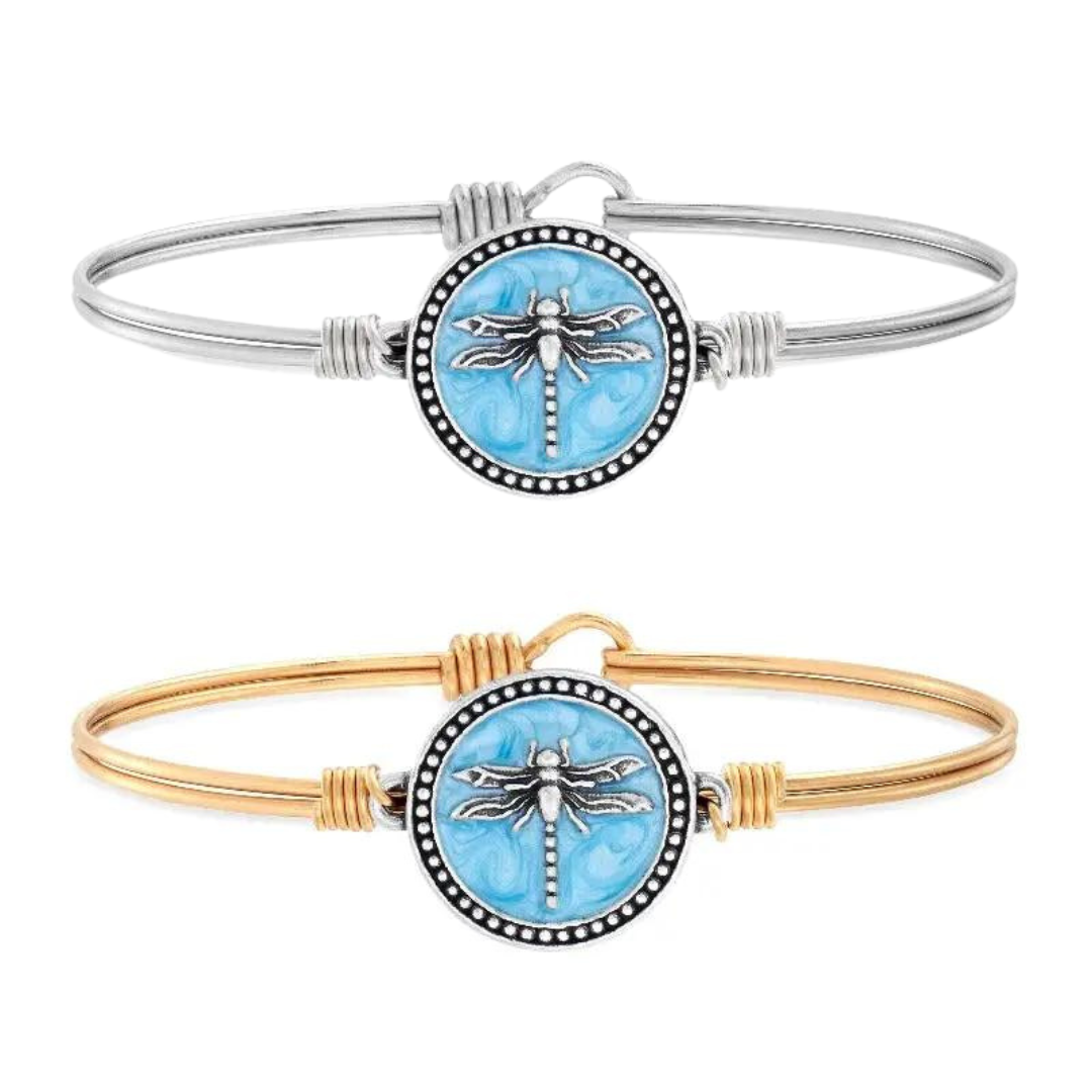 Luca + Danni Dragonfly hook bangle with light blue resin - Silver plated band - Brass plated band.