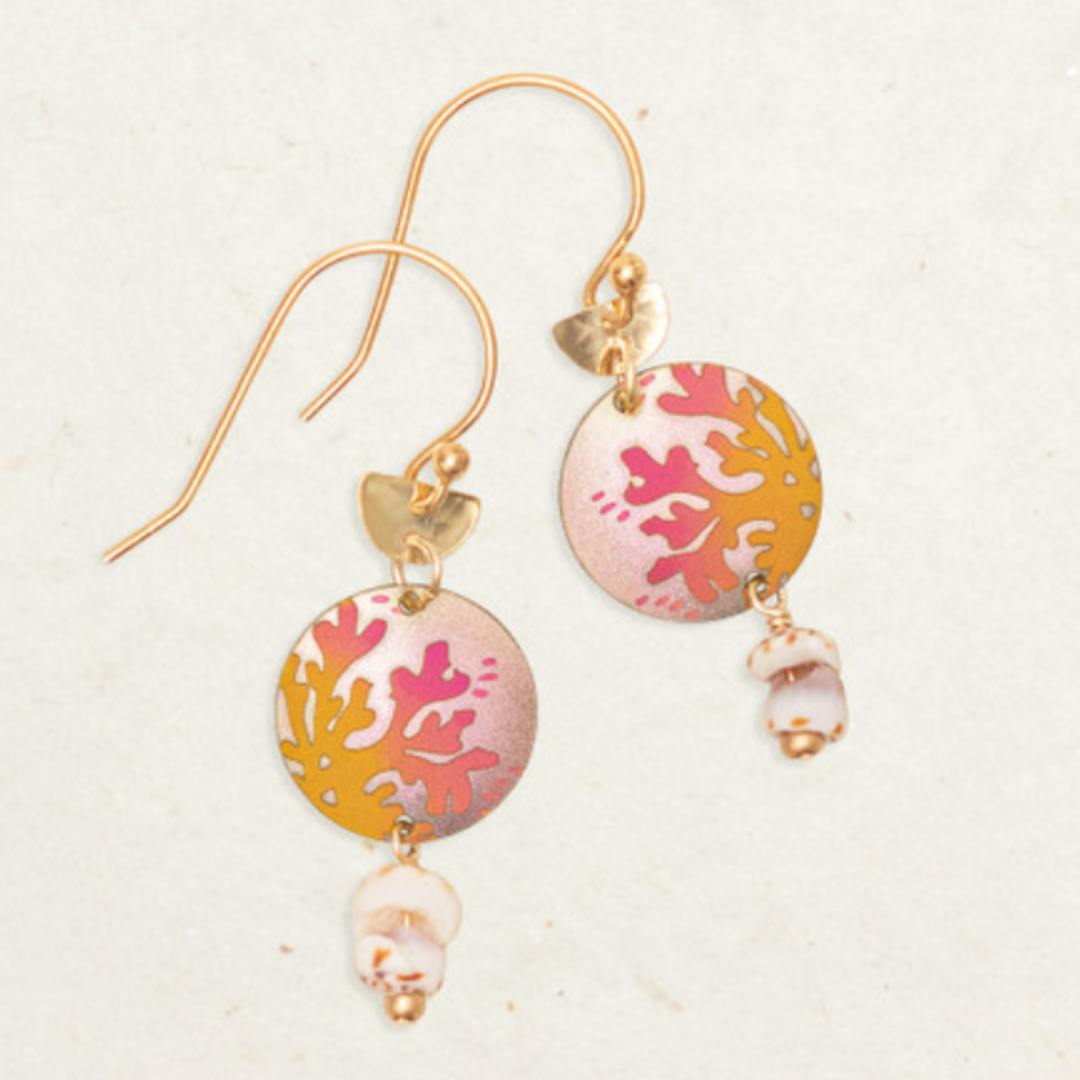 Holly Yashi Coral Reef Earrings - small golden half circle attached to round niobium with puka shell bits dangling from bottom - light pink background with orange and hot pink ombre coral - golden overlaid fish-hook earwires.