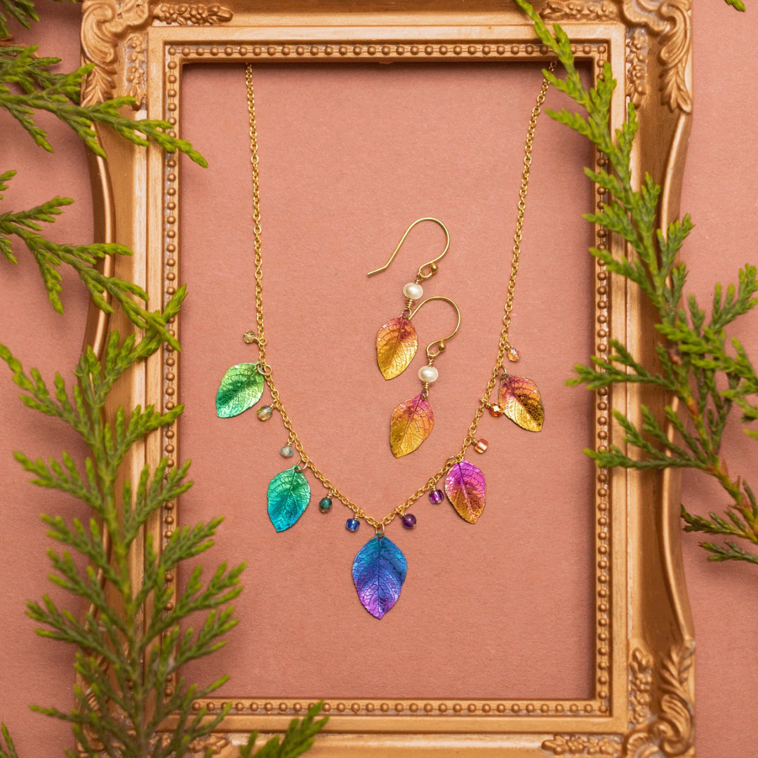 Holly Yashi Healing Elm Leaf Necklace - Color Rainbow - 18k gold-plated and niobium with crystal, glass, peridot, and apatite drops - glamour shot
