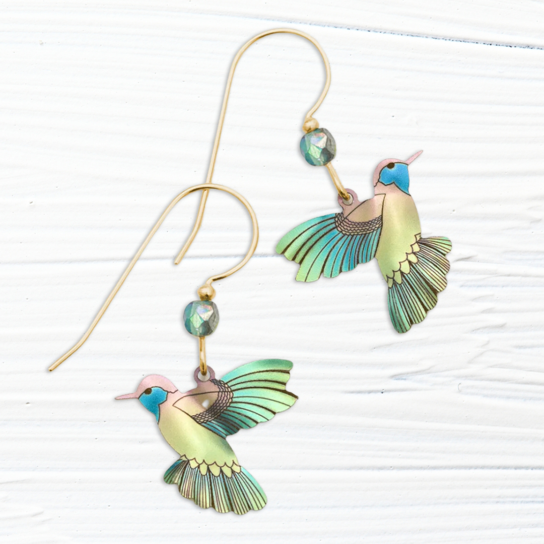 Holly Yashi Picaflor Hummingbird Dangles made out of Niobium. Color is Island Green with gold-filled earwires adorned with a teal Swarovski Crystal