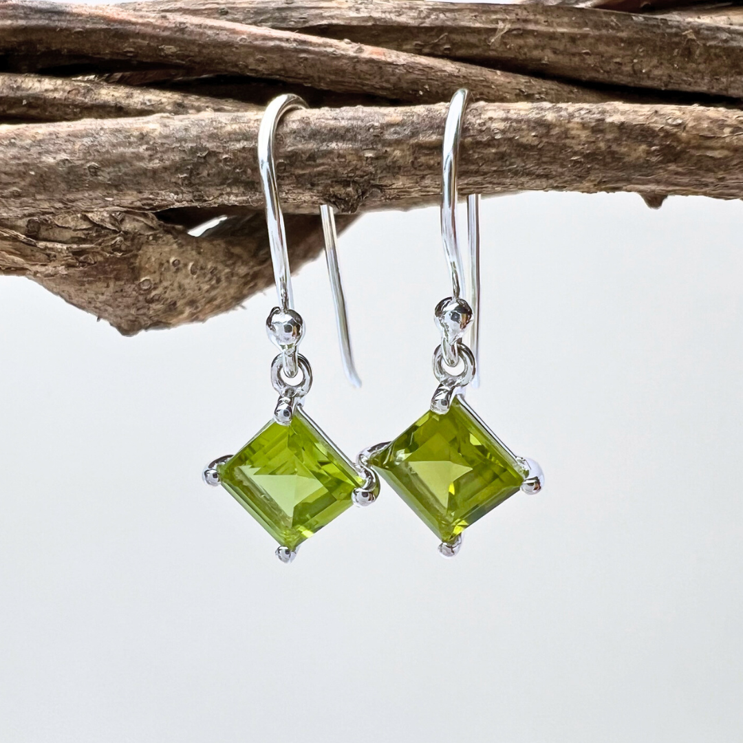 Small dainty square shaped essential stones on fish-hook earwires - available in 4 colors - Peridot