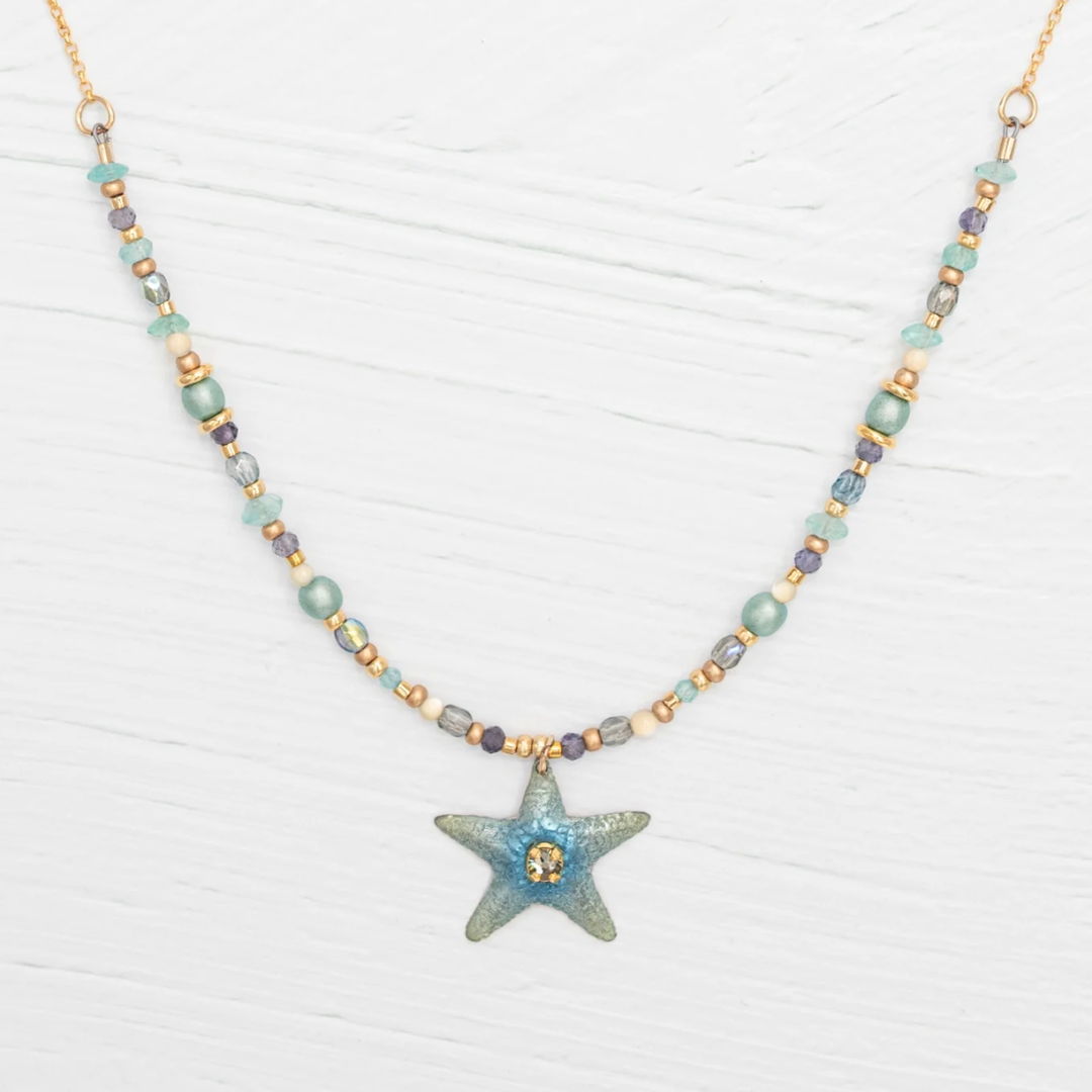 Holly Yashi Carmel Beaded Necklace - Color Seashore Blue - Starfish Pendant - 18k Gold-plated and Niobium