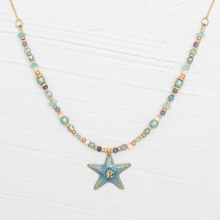 Holly Yashi Carmel Beaded Necklace - Color Seashore Blue - Starfish Pendant - 18k Gold-plated and Niobium