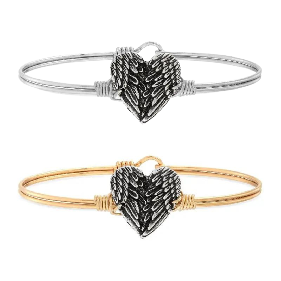 Luca + Danni Guardian Angel Heart Shaped Wings hook bangle - Silver plated band - Brass plated band