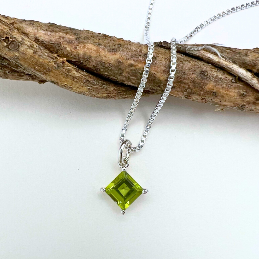 Small dainty square shaped essential stones on 18" inch 925 Sterling Silver box chain - available in 4 colors - Peridot