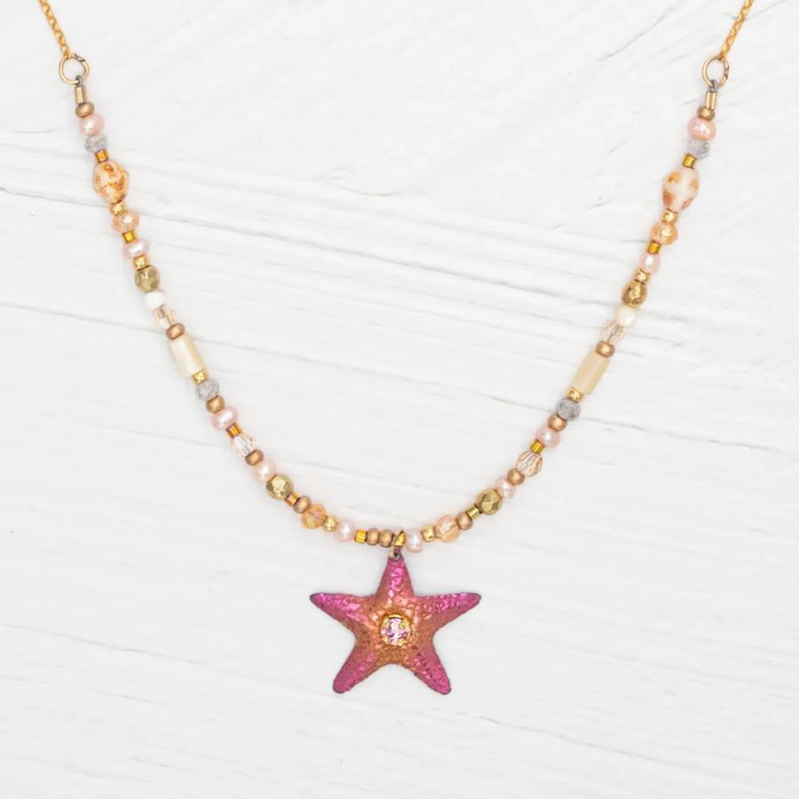 Holly Yashi Carmel Beaded Necklace - Color Peach - Starfish Pendant - 18k Gold-plated and Niobium
