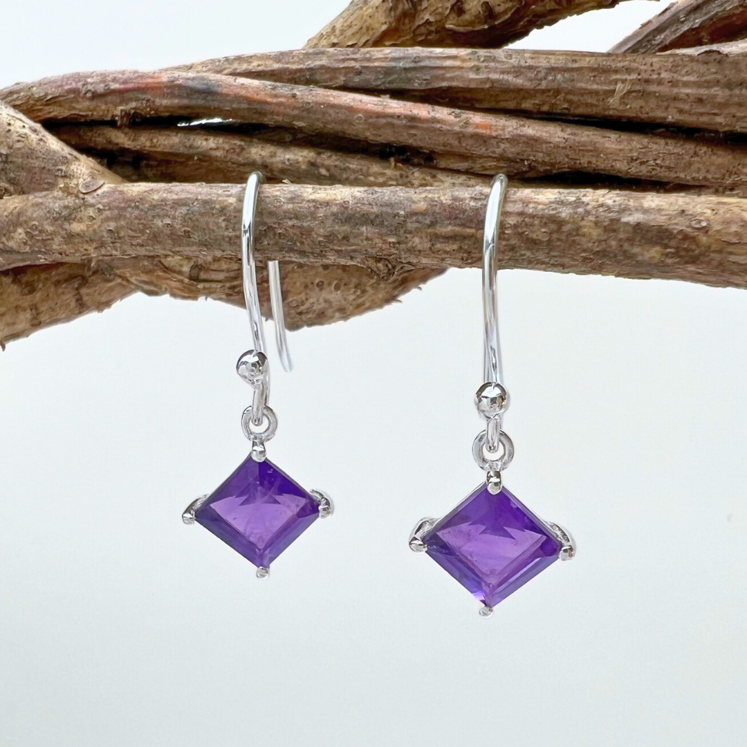 Small dainty square shaped essential stones on fish-hook earwires - available in 4 colors - Amethyst
