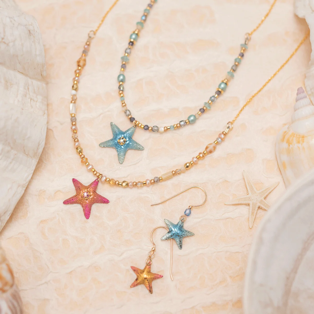 Holly Yashi Carmel Beaded Necklace Sets - Color Peach & Seashore Blue- Starfish Pendant - 18k Gold-plated and Niobium