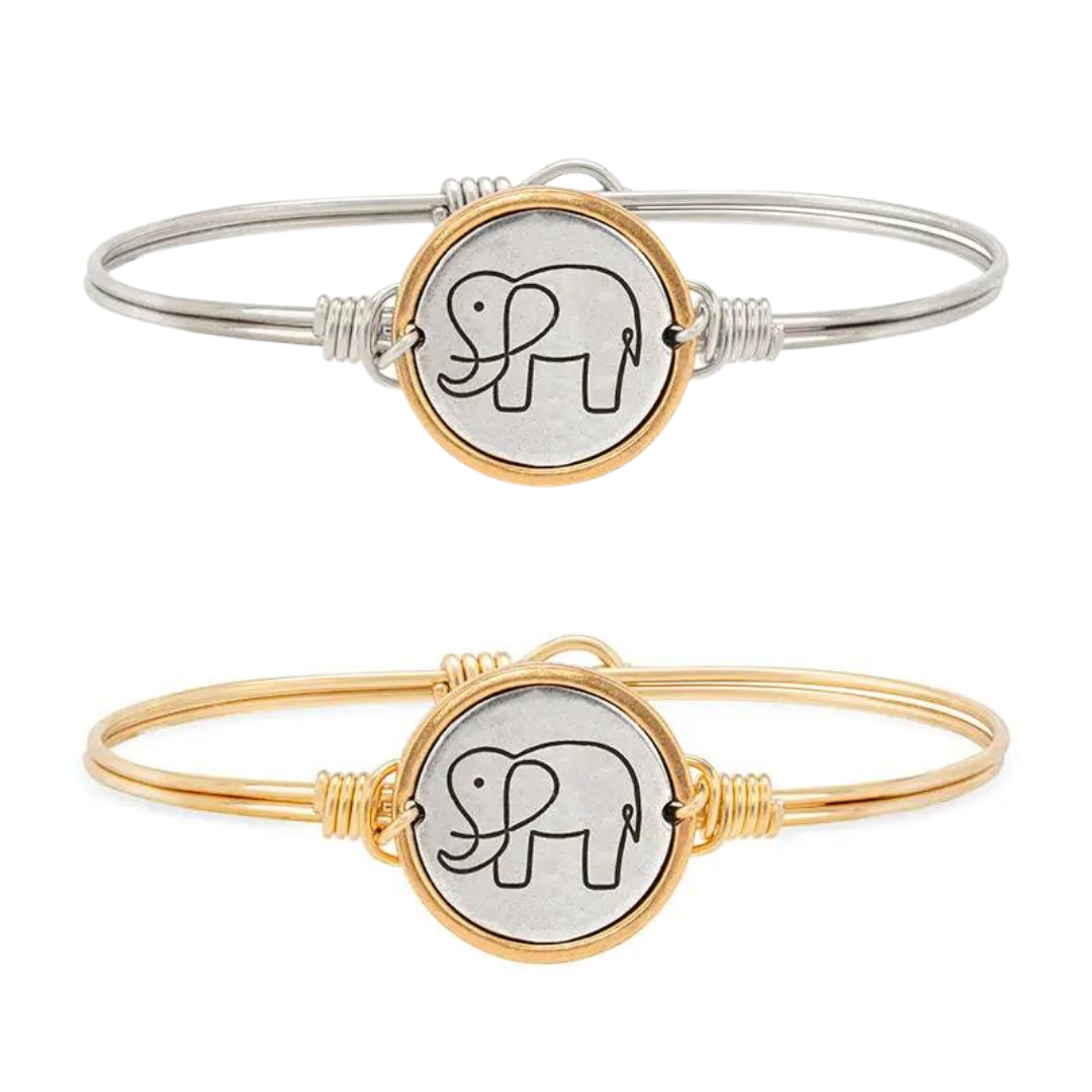 Luca + Danni Lucky Elephant hook bangle - Silver plated band - Brass plated band