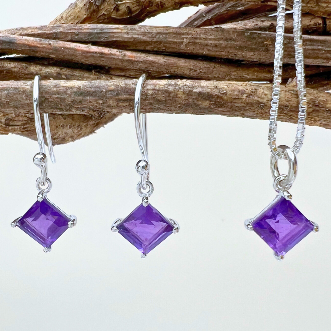 Small dainty square shaped essential stones on fish-hook earwires - available in 4 colors - Amethyst w./ matching necklace