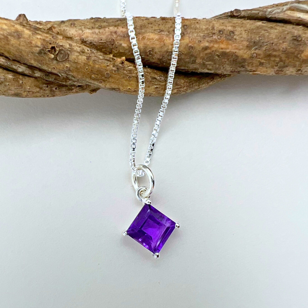Small dainty square shaped essential stones on 18" inch 925 Sterling Silver box chain - available in 4 colors - Amethyst