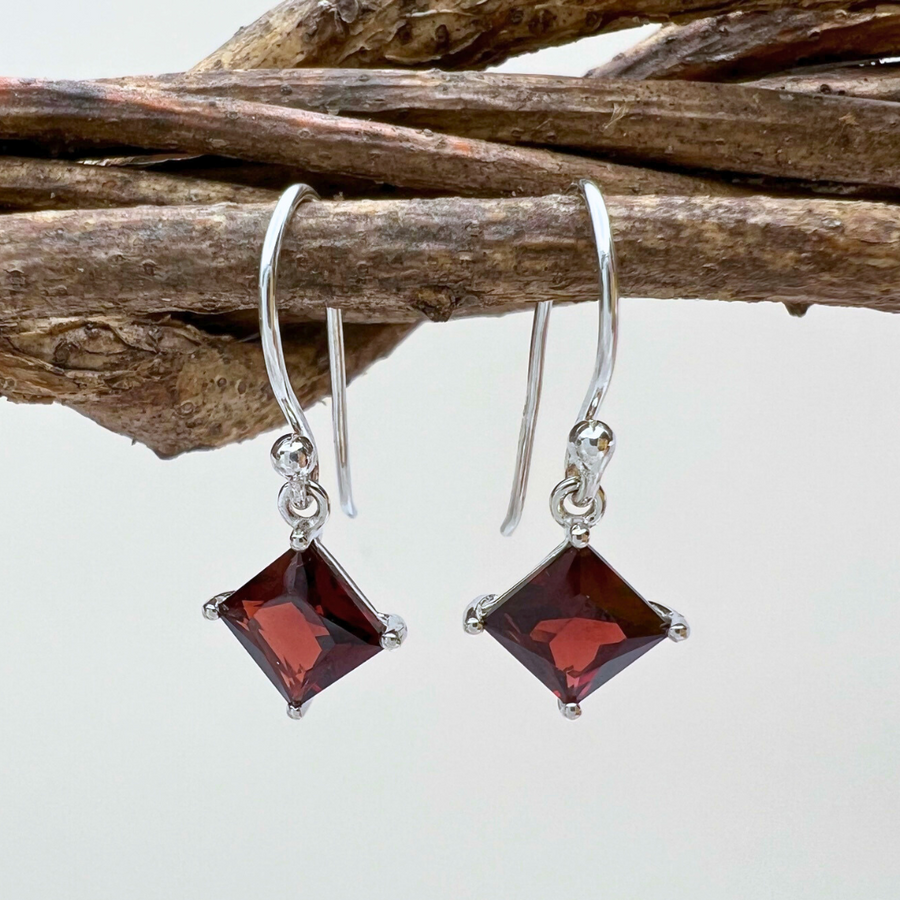 Small dainty square shaped essential stones on fish-hook earwires - available in 4 colors - Garnet