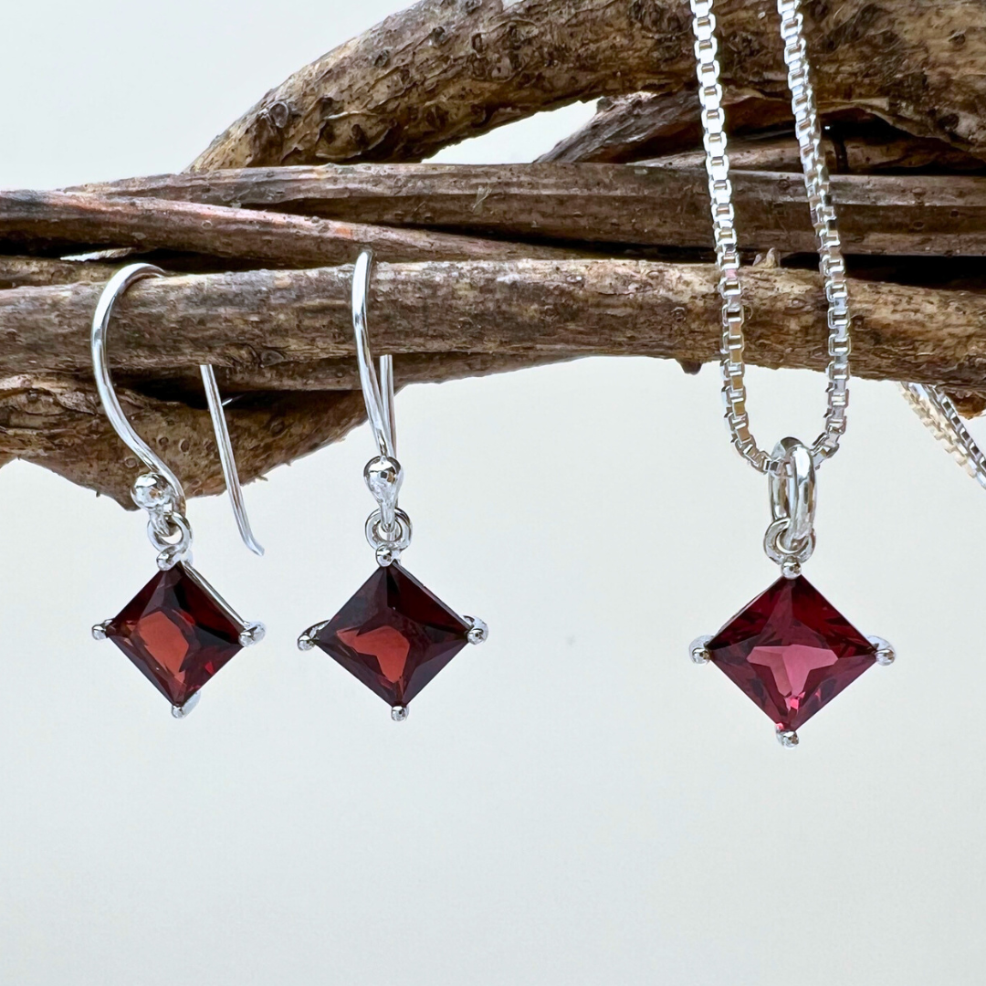 Small dainty square shaped essential stones on 18" inch 925 Sterling Silver box chain - available in 4 colors - Garnet w./ matching earrings