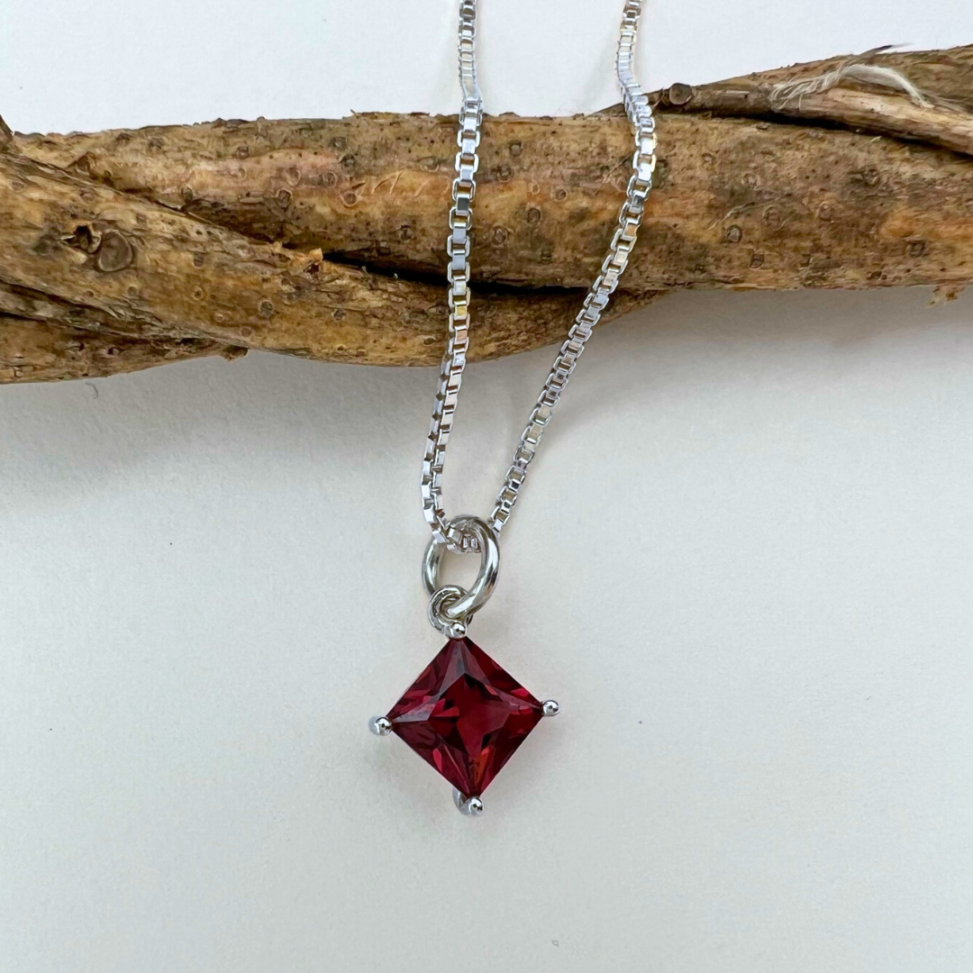 Small dainty square shaped essential stones on 18" inch 925 Sterling Silver box chain - available in 4 colors - Garnet
