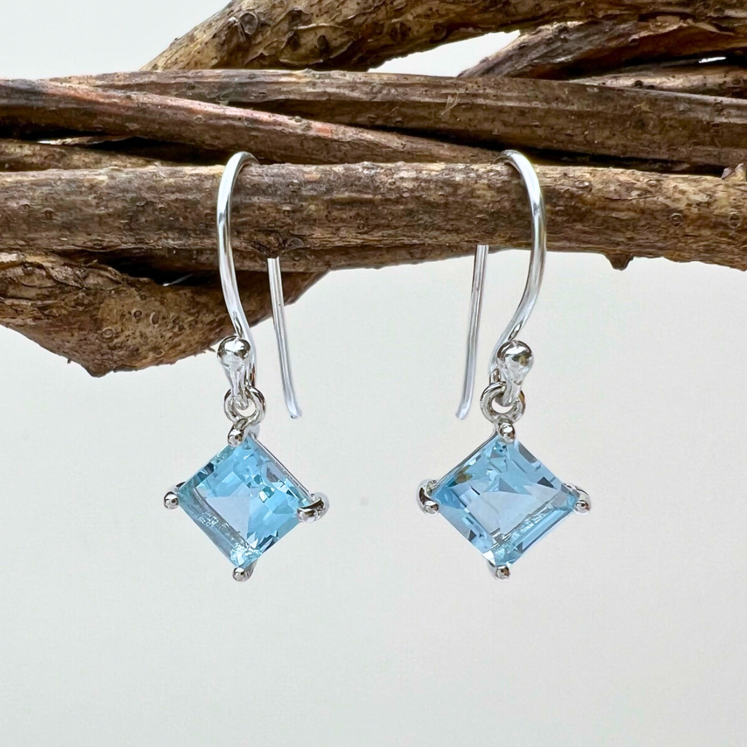 Small dainty square shaped essential stones on fish-hook earwires - available in 4 colors - Blue Topaz