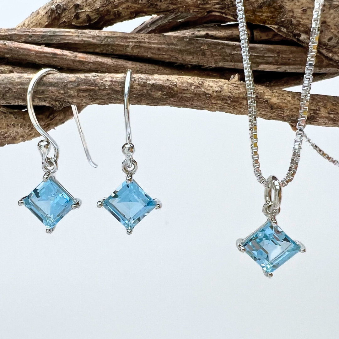 Small dainty square shaped essential stones on 18" inch 925 Sterling Silver box chain - available in 4 colors - Blue Topaz w./ matching earrings