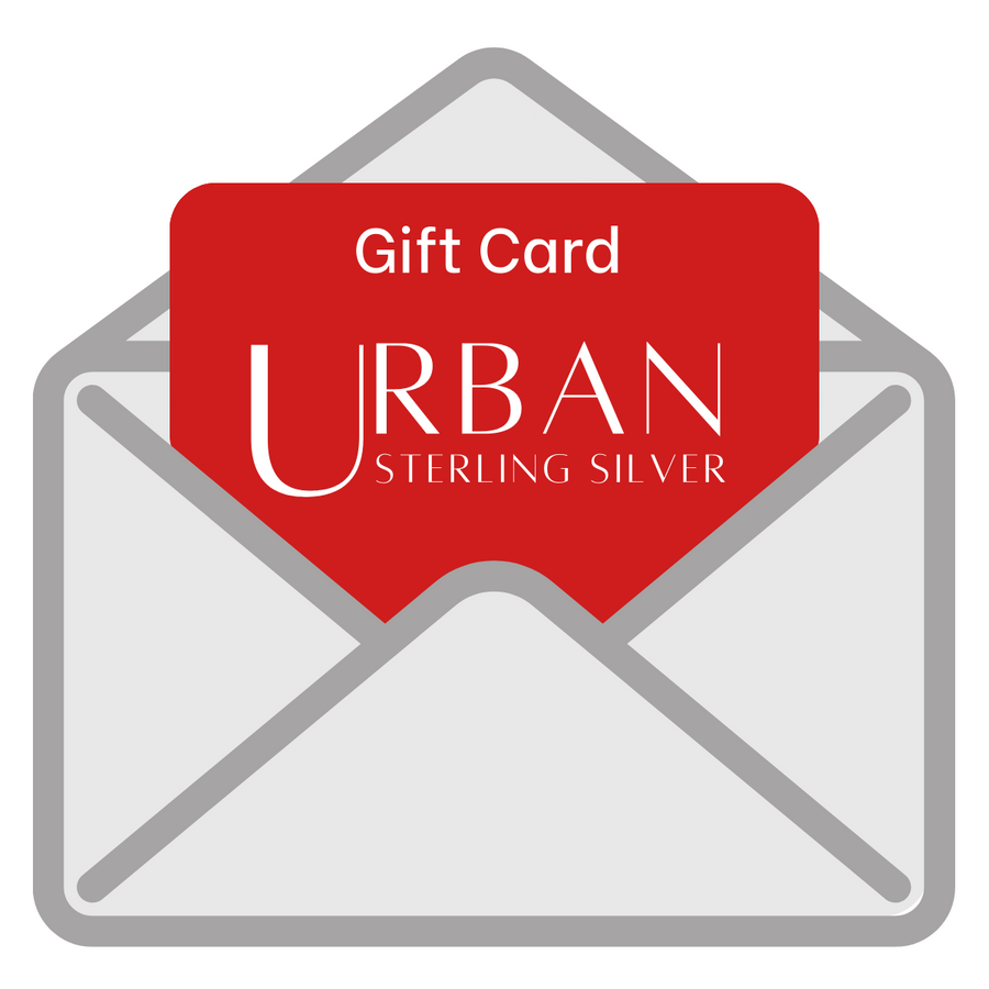 An illustration of a grey envelope containing a red gift card from Silver Parrot. The gift card has the text "URBAN STERLING SILVER GIFT CARD" written on it in white letters.
