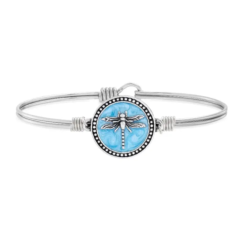 Luca + Danni Dragonfly hook bangle with light blue resin - Silver plated band