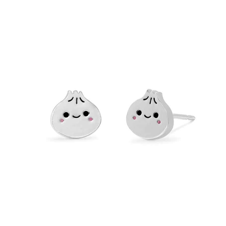 Introducing the Boma Happy Bao Dumpling Studs: sterling silver earrings shaped like adorable dumplings with smiling faces. Each stud features small black eyes, a curved black smile, and rosy pink cheeks—perfect foodie accessories displayed against a plain white background.