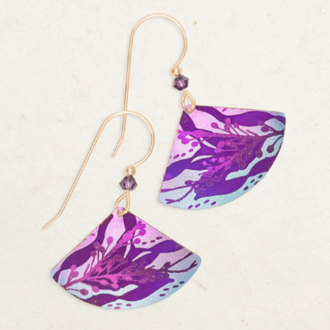 Holly Yashi Sea Meadow Earrings - Plum colored coral with purple seaweed behind on a light pink background - rounded oblong triangle shaped niobium on purple beaded gold overlaid earwires.