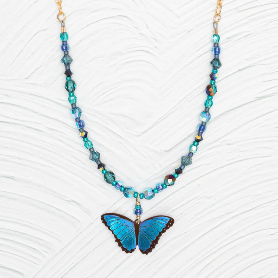 Holly Yashi Bella Butterfly Beaded Necklace - Color Blue Radiance - 18k gold-plated and niobium butterfly pendant