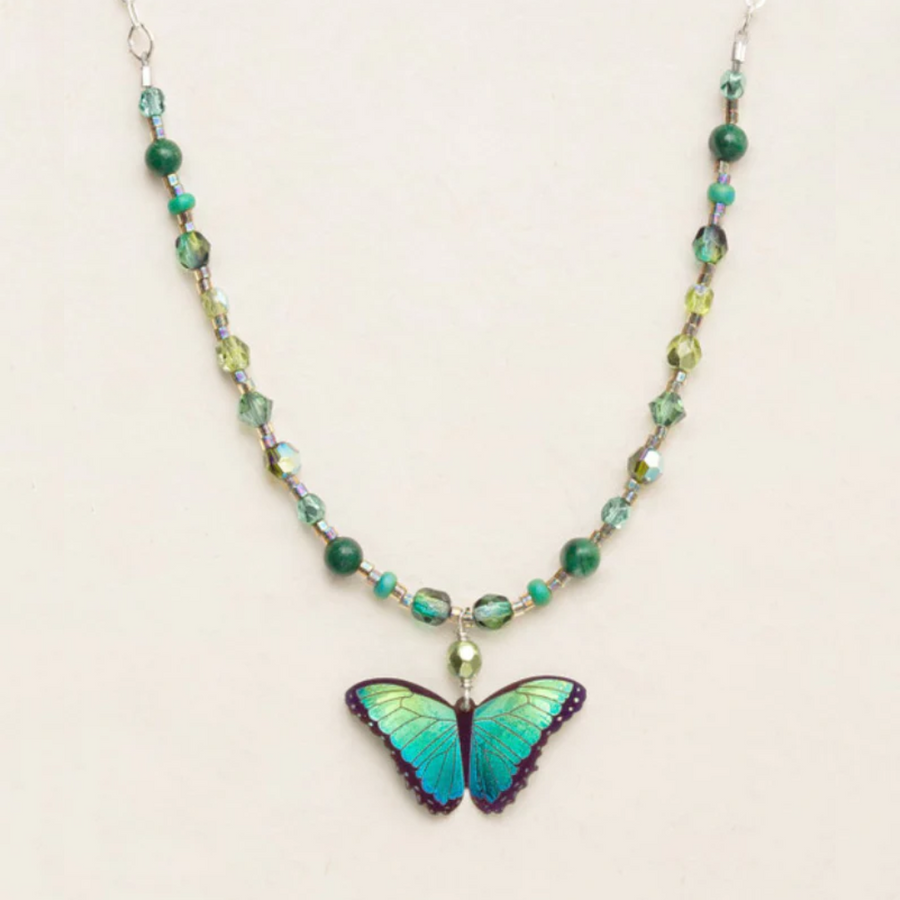 Holly Yashi Bella Butterfly Beaded Necklace - Color Green Flash - Silver-plated and niobium butterfly pendant