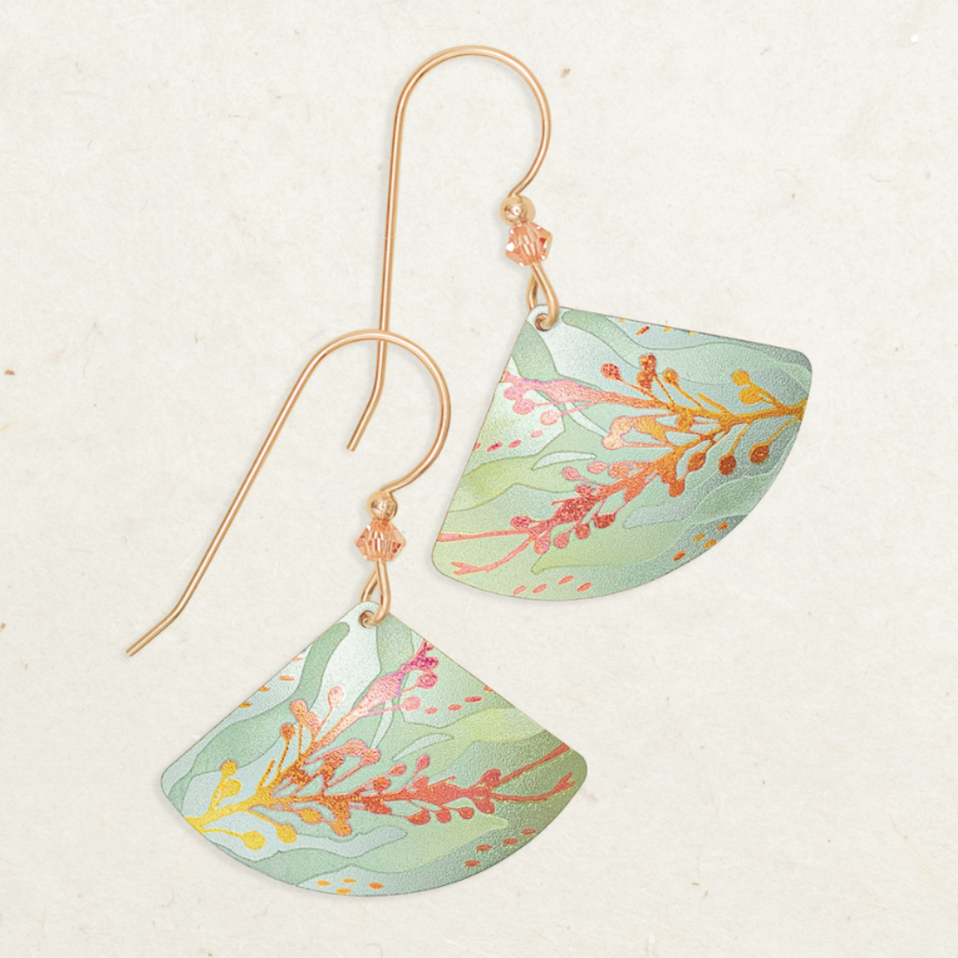 Holly Yashi Sea Meadow Earrings - Pink colored coral with sage green seaweed behind on a light mint background - rounded oblong triangle shaped niobium on pink beaded gold overlaid earwires.