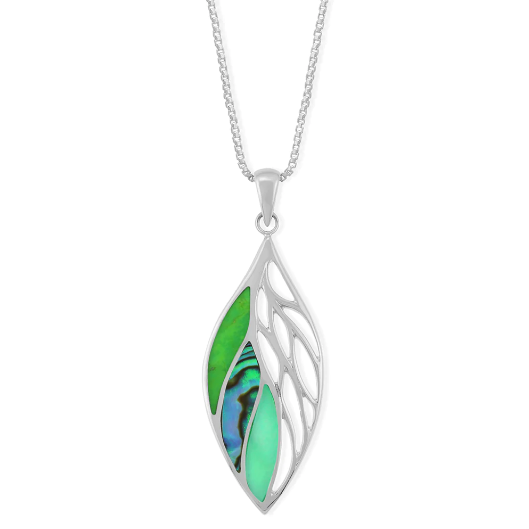 Boma leaf shaped silver pendant with cutouts on the right and three sections of green turquoise, Abalone, and green Mother of Pearl shell inlaid on the left half. Comes with an 18-inch silver box chain.