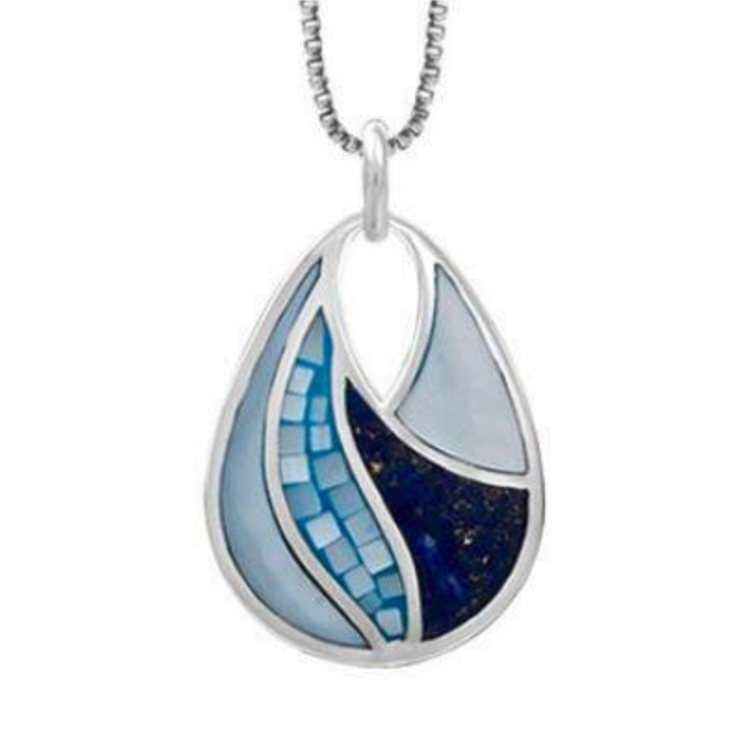 Boma teardrop shaped silver pendant with lapis and blue mother of pearl inlaid in 4 sections. an upside down teardrop shape cutout at the top holds the bale. Comes with 18-inch sterling box chain.