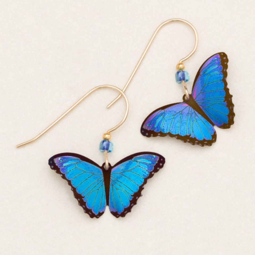 Holly Yashi Bella Butterfly - bright blue realistic butterfly with black outline on a gold french wire with a blue bead.