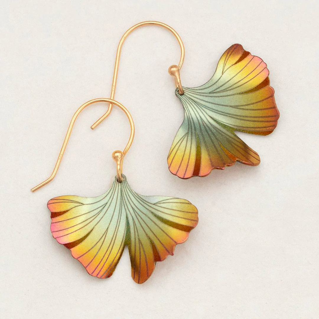 Holly Yashi Ginkgo Earrings - Sage green to an orange peach fade ginkgo leaf design with gold-filled earwires. 
